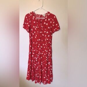 J. Crew Red Flutter Sleeve Floral Sundress Ruffled Tiered Skirt